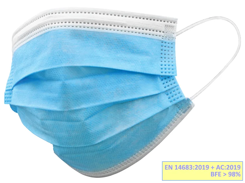 Mască chirurgicală de filtrare GISAFE 98% 3 straturi tip IIR cu elastice - pungă individuală - adult - albastru deschis - cutie