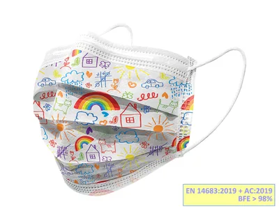 Mască chirurgicală filtrare 98% GISAFE 3 straturi tip IIR cu elastice - pediatric - cartoon - flowpack