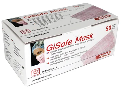 Mască chirurgicală GISAFE 98% filtrare 3 straturi tip IIR cu elastice - adult - roz - cutie
