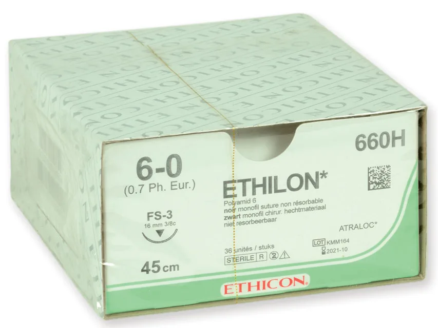 ETHICON ETHILON - Sutură monofilament neabsorbabilă, calibru 6/0, ac 16 mm