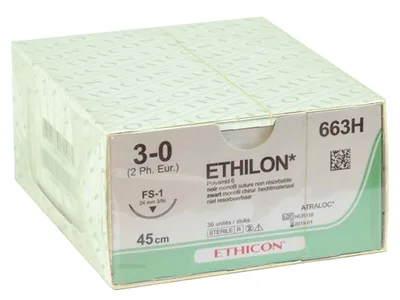ETHICON ETHILON - fire de suturare monofilament neabsorbabilă, calibru 3/0, ac 24 mm