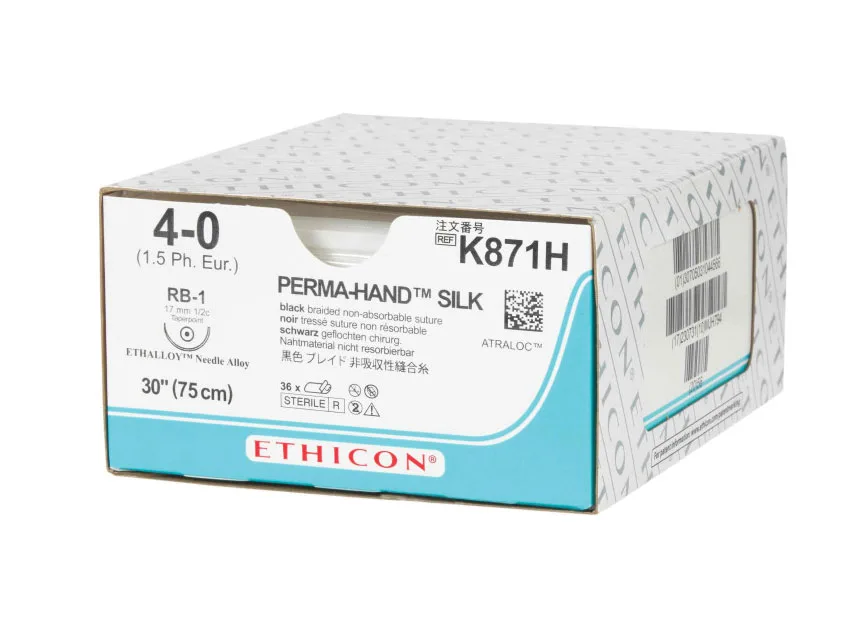 Etichete de cusătur de mătase ETHICON PERMA-HAND - calibru 4/0 ac 17 mm RB-1 - împletite