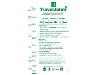 Traveljohn sac urinoir din hârtie de unică folosință 800cc