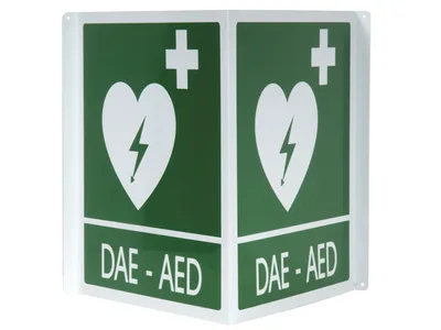 Semn aluminiu dublu față DAE-AED 34x36 cm pentru defibrilatoare